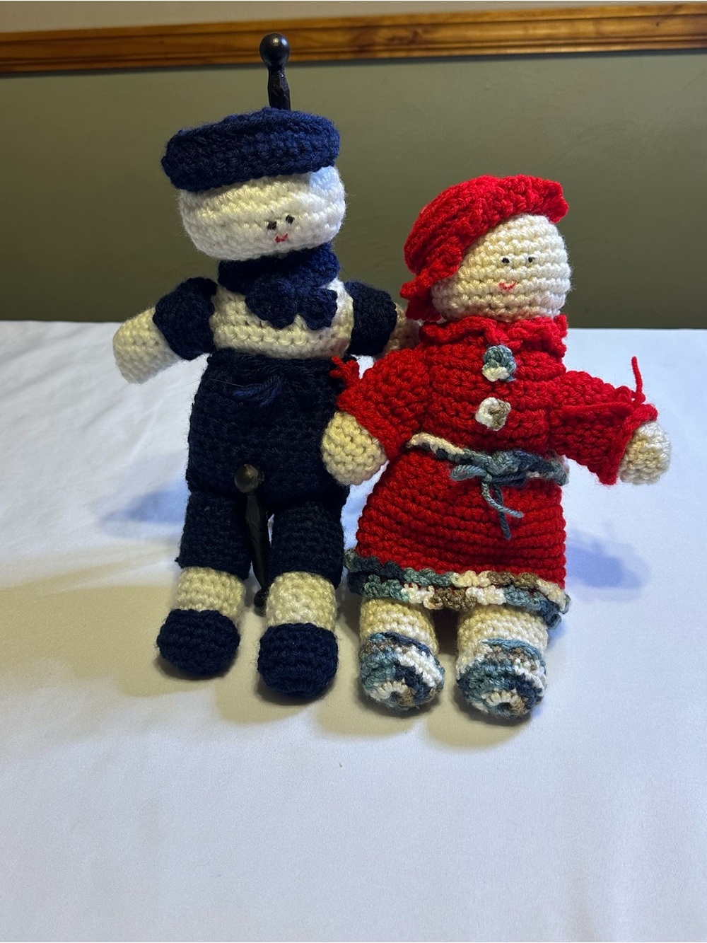 Vintage hand Crafted / crochet  navy and Red Crochet Doll Pair -